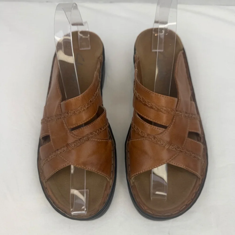 Clarks Womens Tan Brown Leather Braided Slide Sandals Size 7M Made in Brazil - Picture 4 of 13